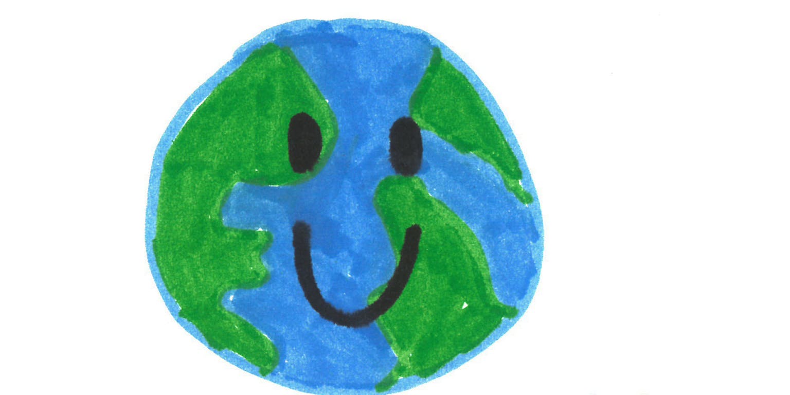 Een tekening van een gelukkige aarde met daarbij de tekst 'if we do our best'.