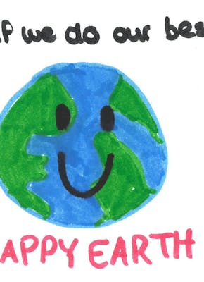 Een tekening van een gelukkige aarde met daarbij de tekst 'if we do our best'.