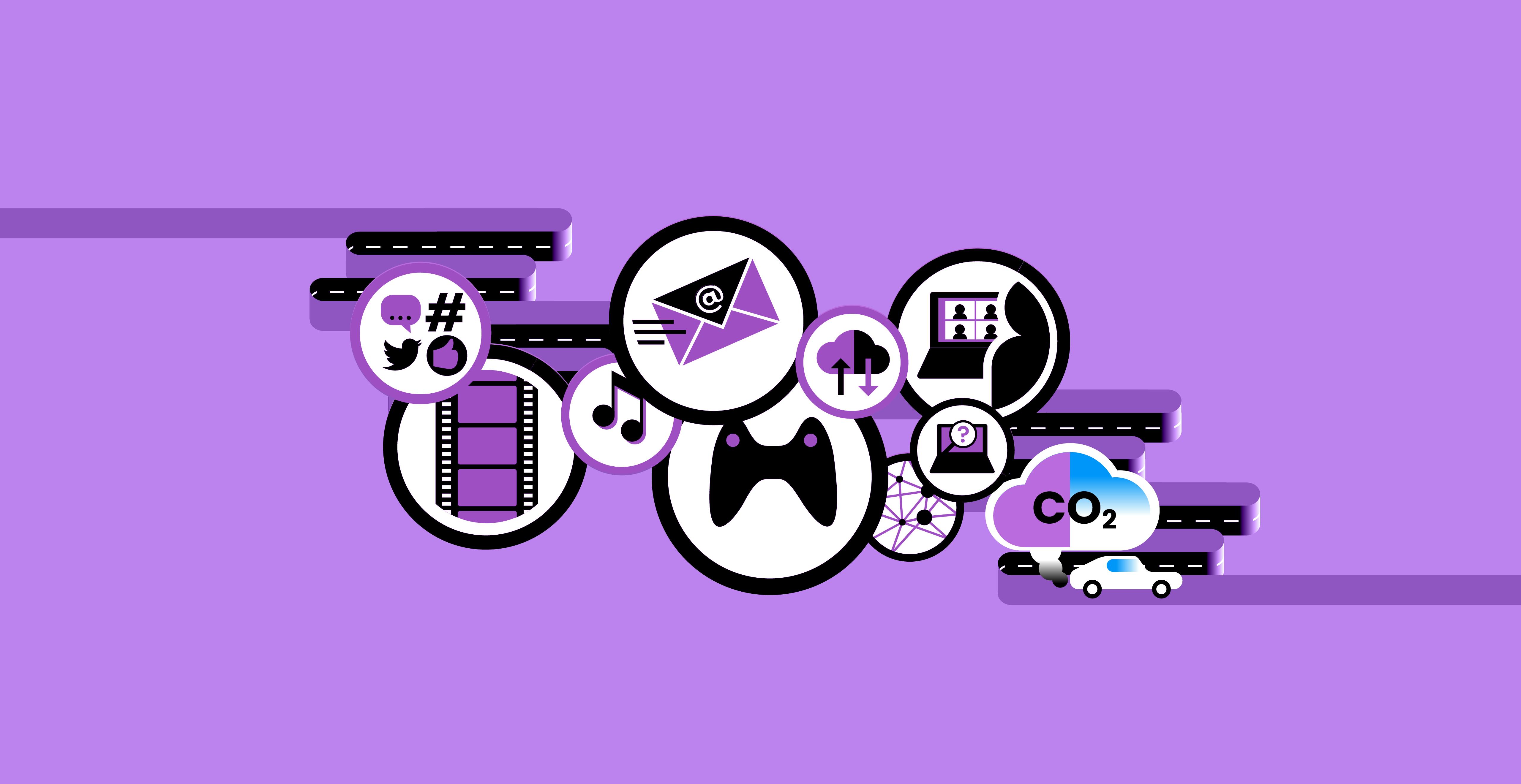 Pictogrammen van activiteiten die ons leven voor een groot deel beheersen, zoals gamen, social media en onderweg zijn.