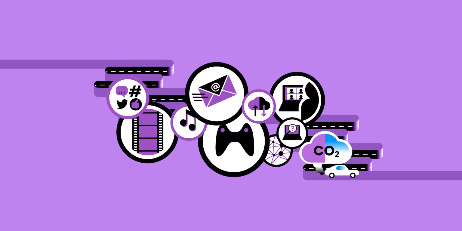 Pictogrammen van activiteiten die ons leven voor een groot deel beheersen, zoals gamen, social media en onderweg zijn.