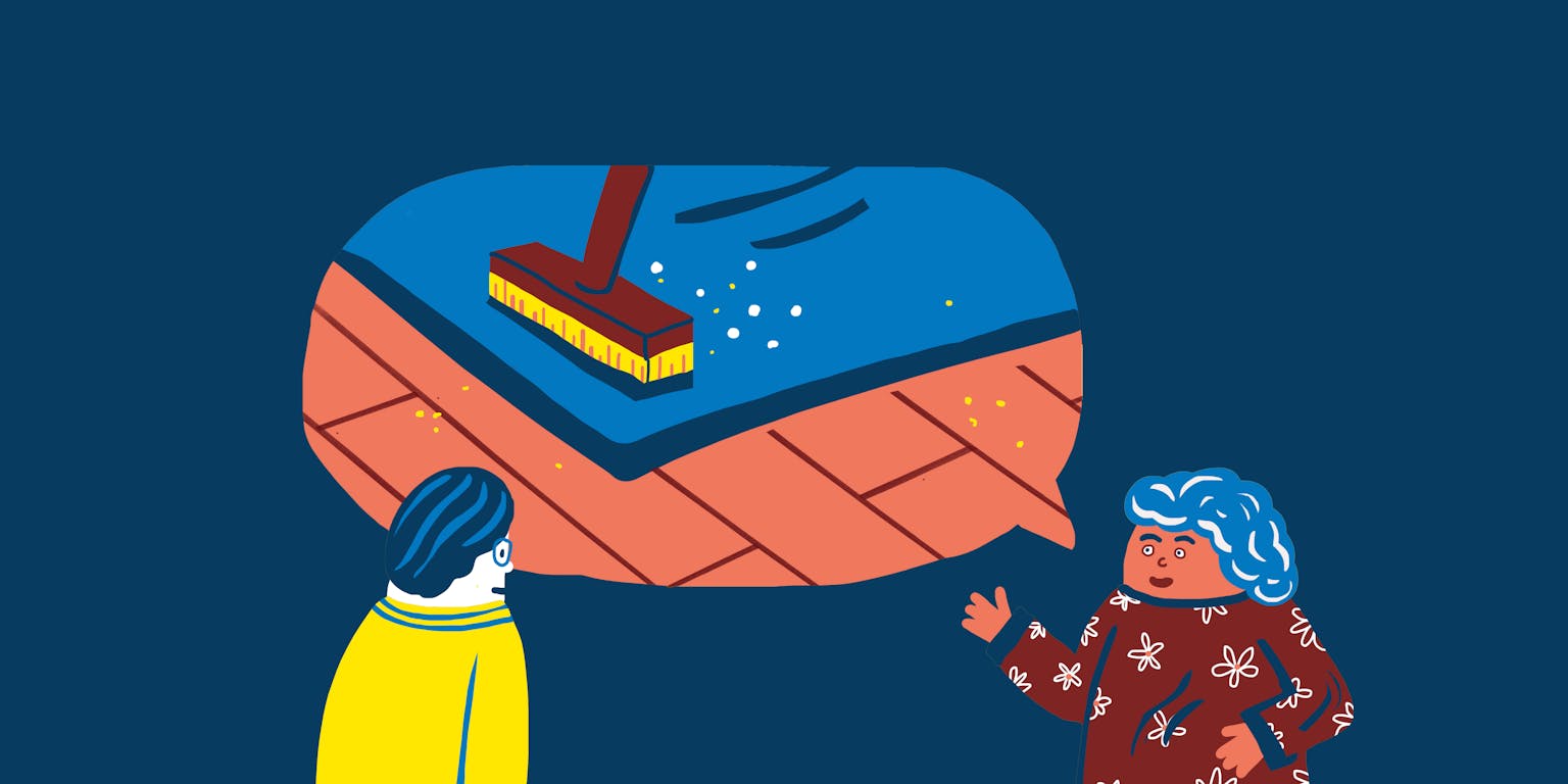 Een illustratie van een vrouw die iets uitlegt aan een man. In een spraakwolk van de vrouw is een bezem afgebeeld die de vloer veegt.