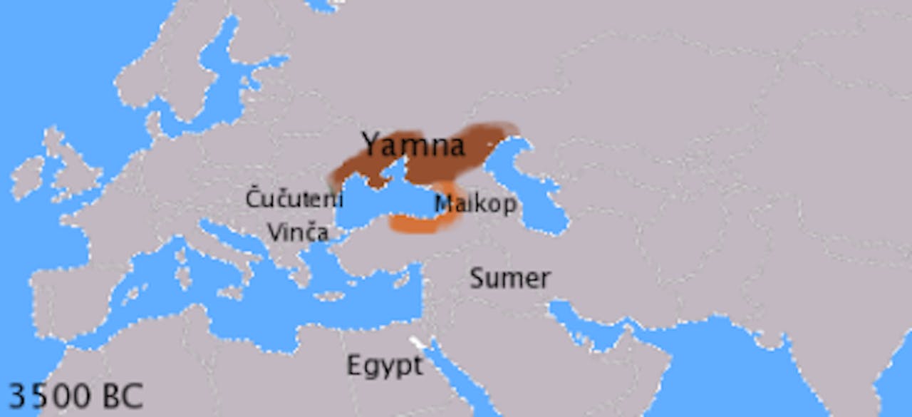 Een kaart waar Egypte, Sumer, Vinca, cucuteni, maikop en Yamna zijn uitgelicht. Yamna is bruin gekleurd op de kaart.