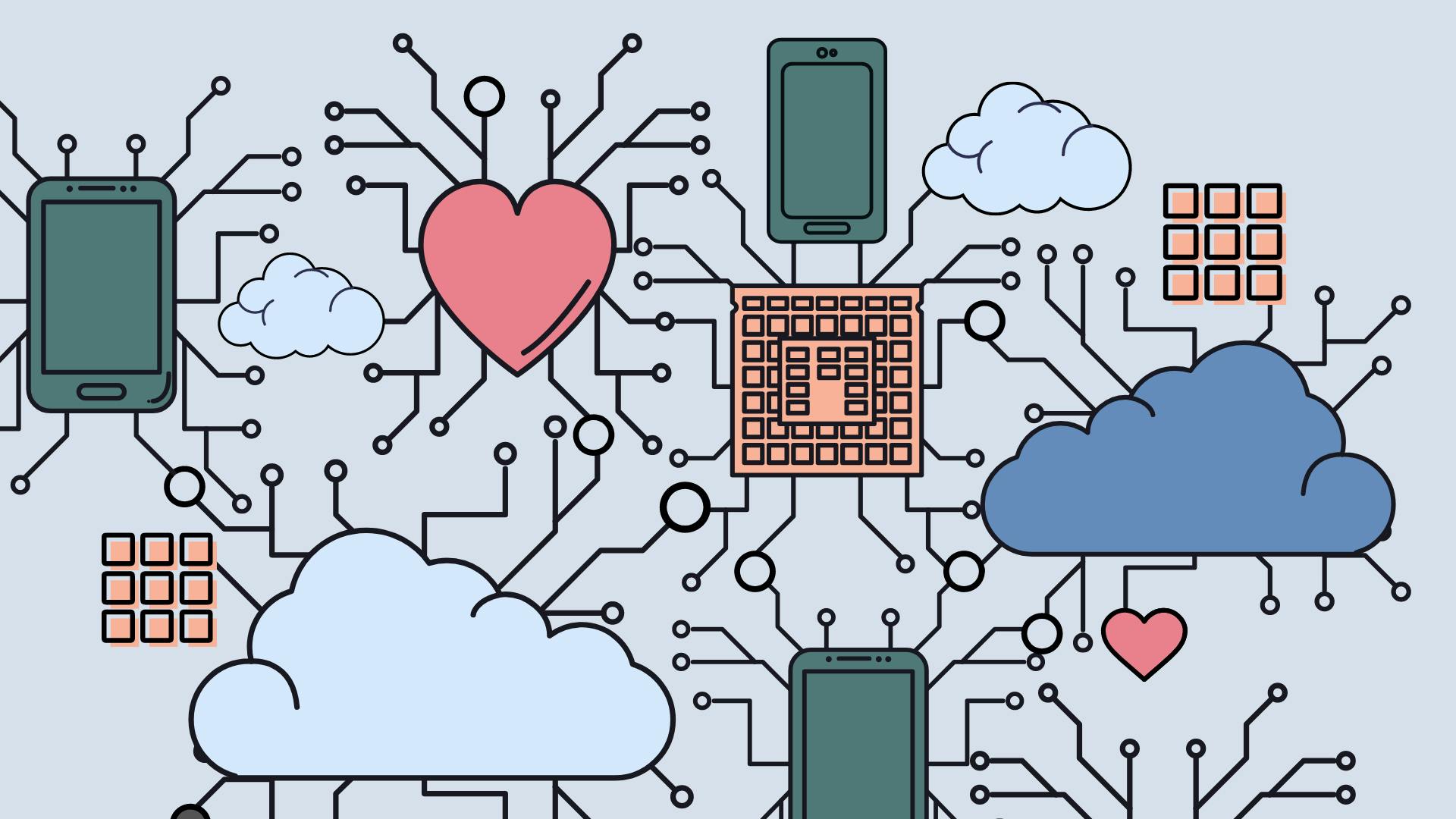 Een tekening van een printplaat met een hart, telefoon en andere elektronische apparaten.