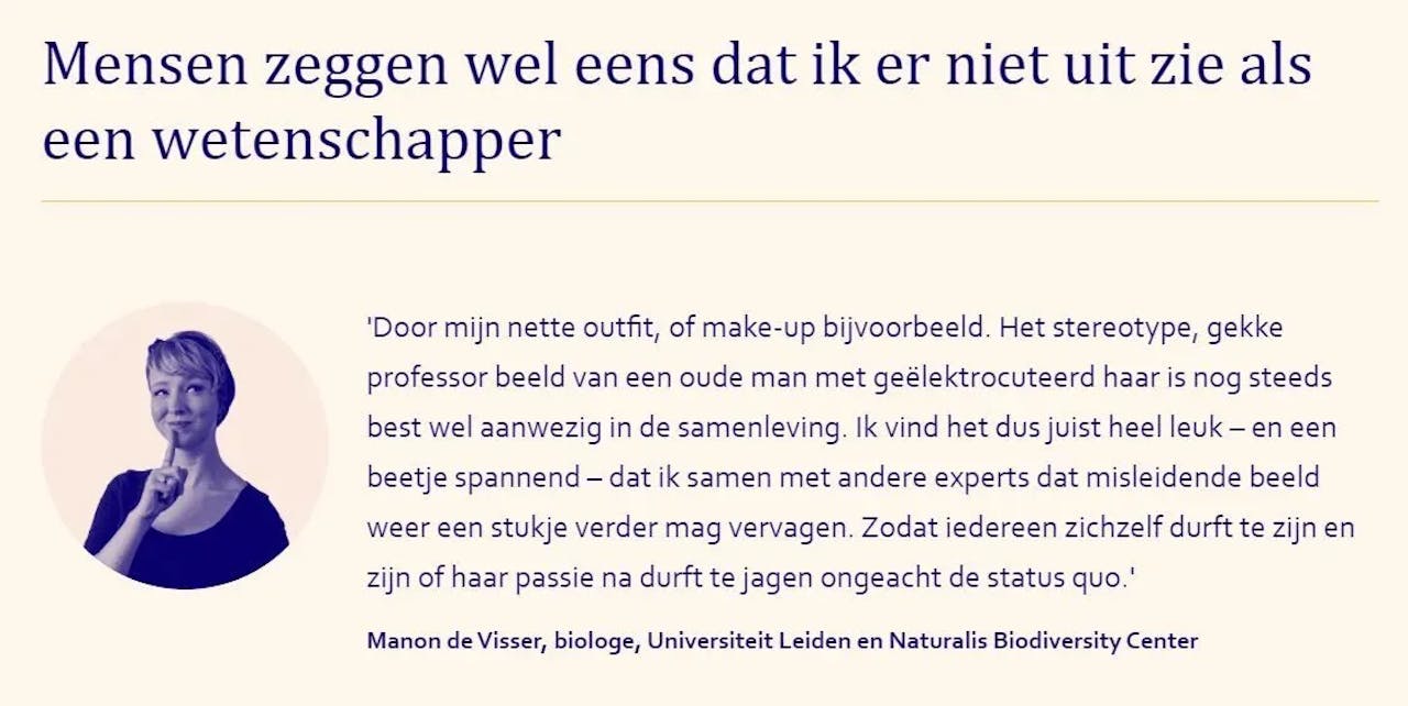 tekst over Manon de Visser met portretfoto over Faces of Science en waarom zij wetenschapscommunicatie zo belangrijk vindt