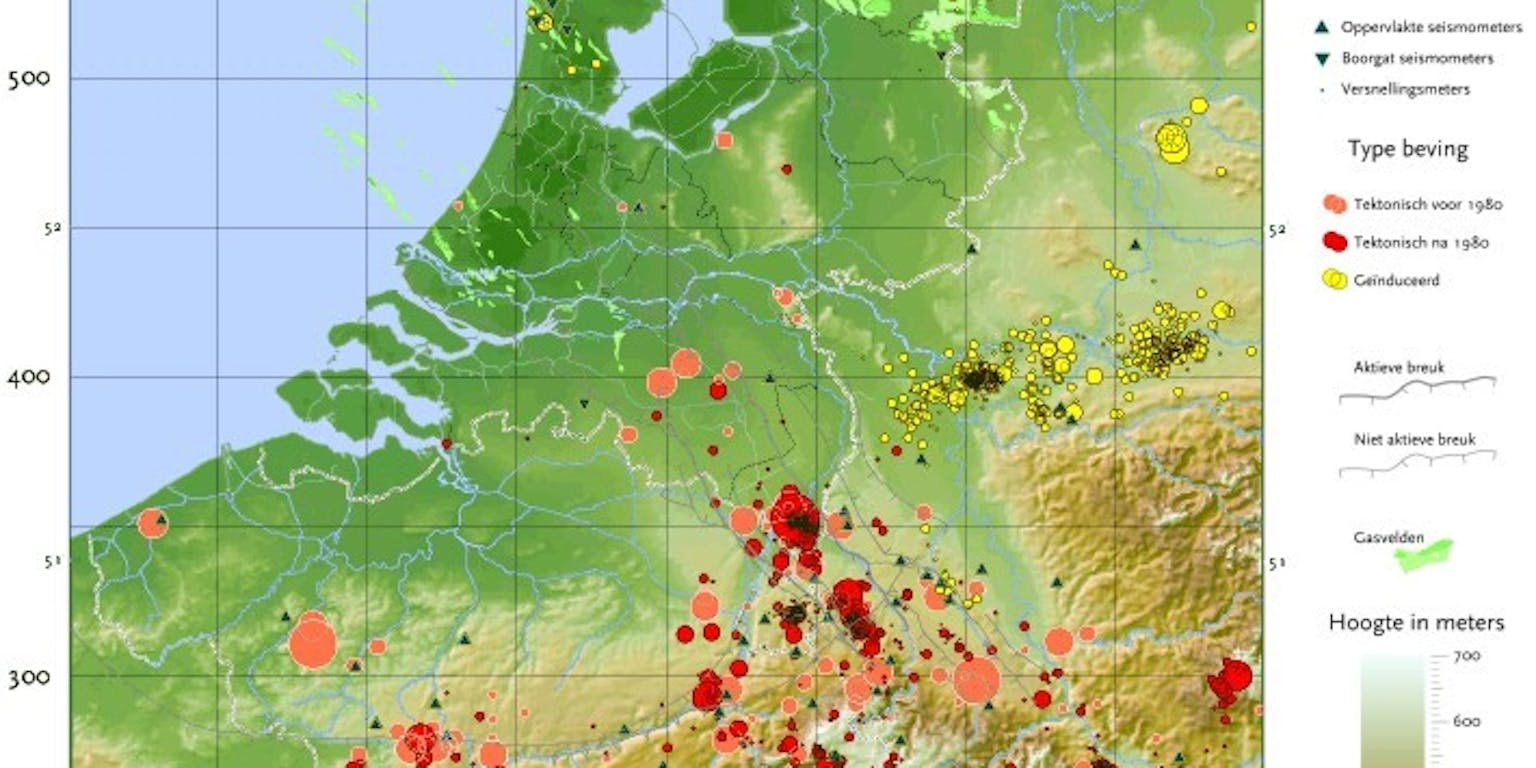 Een kaart met het type aardbeving in Nederland.