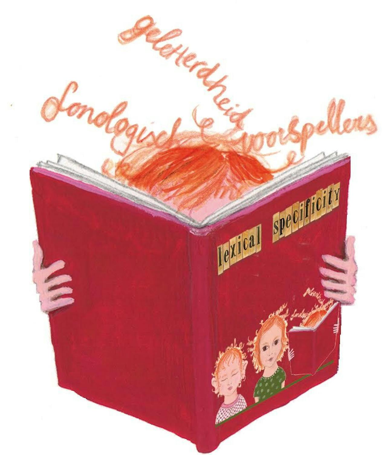 Een illustratie van een boek met een kind dat een rood boek vasthoudt.
