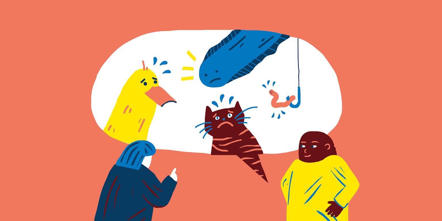 Een illustratie van twee personen die met elkaar in gesprek zijn. In een spraakwolk zijn een eend, een kat, een vis en een worm aan een haak afgebeeld die allemaal verdrietig kijken.