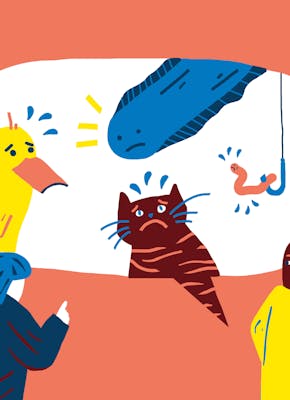 Een illustratie van twee personen die met elkaar in gesprek zijn. In een spraakwolk zijn een eend, een kat, een vis en een worm aan een haak afgebeeld die allemaal verdrietig kijken.