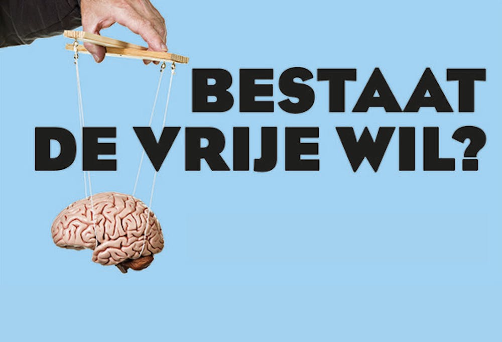 Een slide met een lichtblauwe achtergrond. Een menselijk brein is te zien als marionet. Op de slide staat de tekst: bestaat de vrije wil?