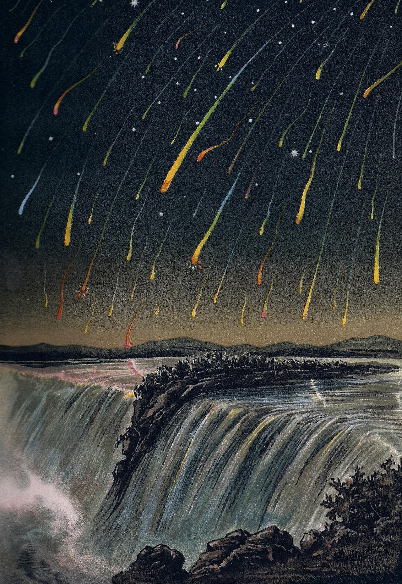 De meteorenzwerm Leoniden bij een waterval.