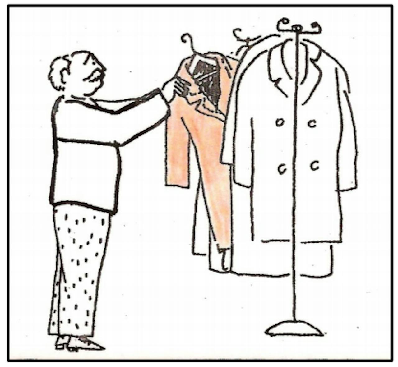 Een cartoon van een man die naar een jas op een rek kijkt.