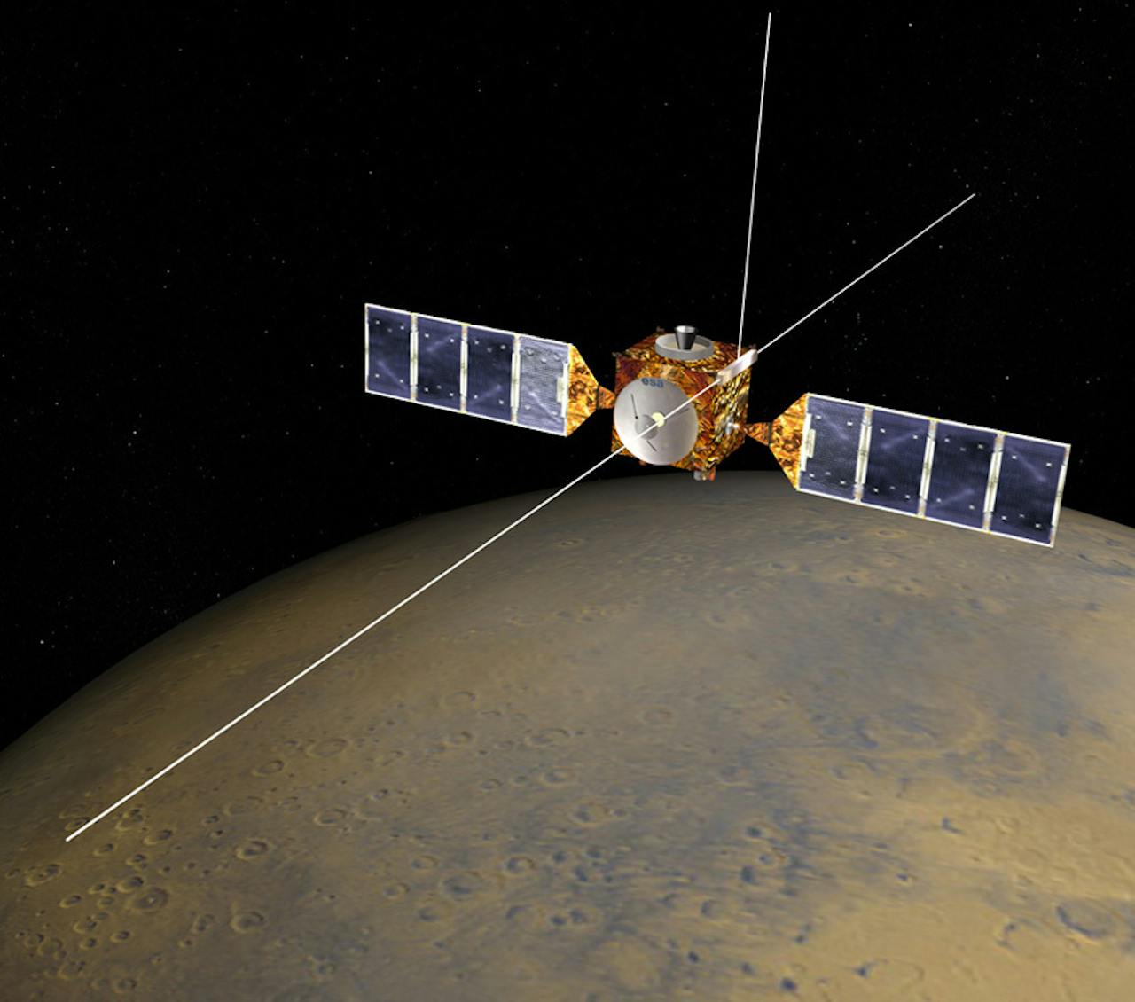 De Mars Express-ruimtesonde van de Europese ruimtevaartorganisatie ESA. De satelliet draait sinds 2003 om de rode planeet. Opvallend zijn drie lange antenne’s (twee van twintig meter en een van zeven meter) die samen het radarinstrument MARSIS vormen.