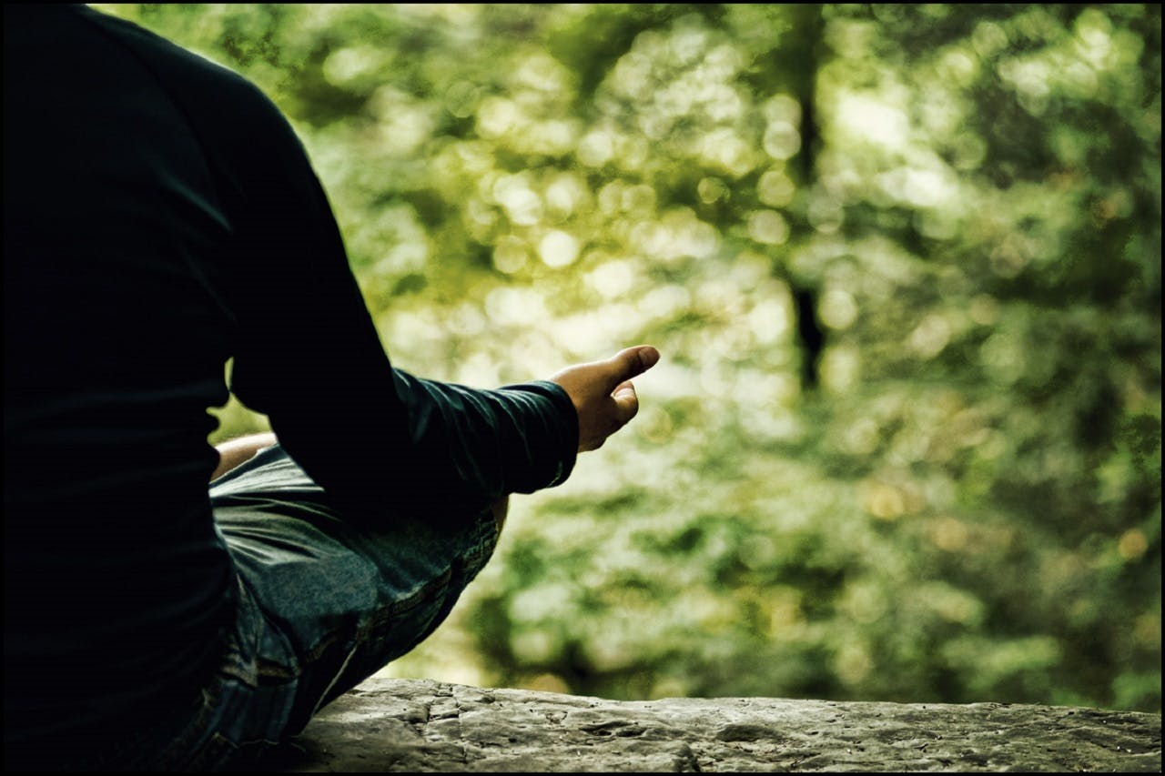 Close-up van een persoon die mediteert in een bos.