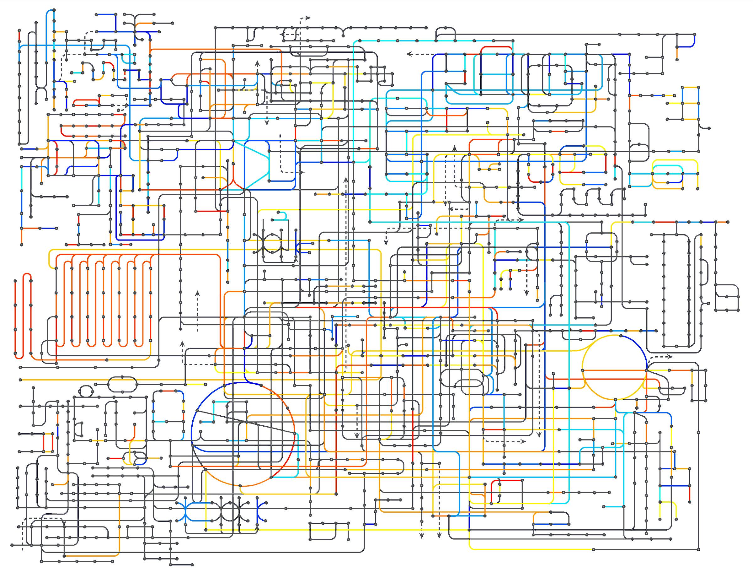 Een diagram van een circuit met verschillende kleuren en lijnen.