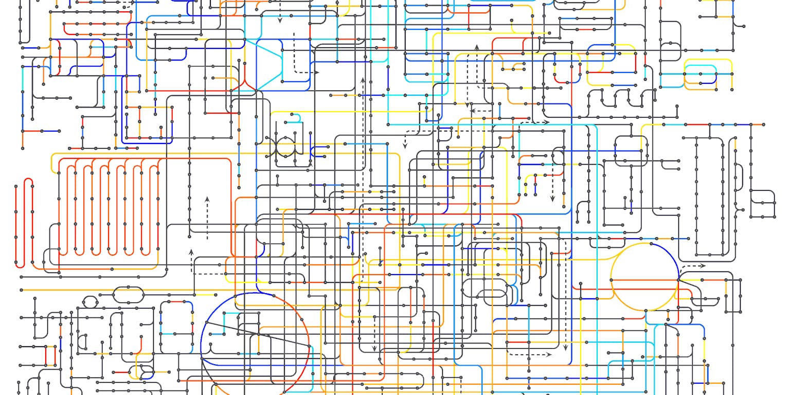 Een diagram van een circuit met verschillende kleuren en lijnen.