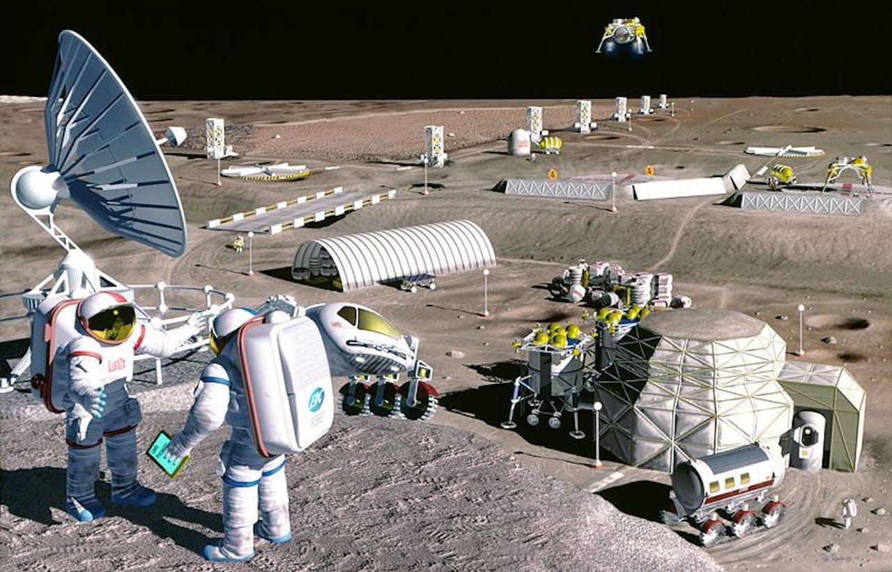 Fantasieën over nederzettingen op de maan bestaan al tientallen jaren – zoals in deze artist’s impression uit 1995. In dit geval wordt zuurstof en metaal gewonnen uit maanvulkaangesteente – aldus de door NASA bijgeleverde tekst.