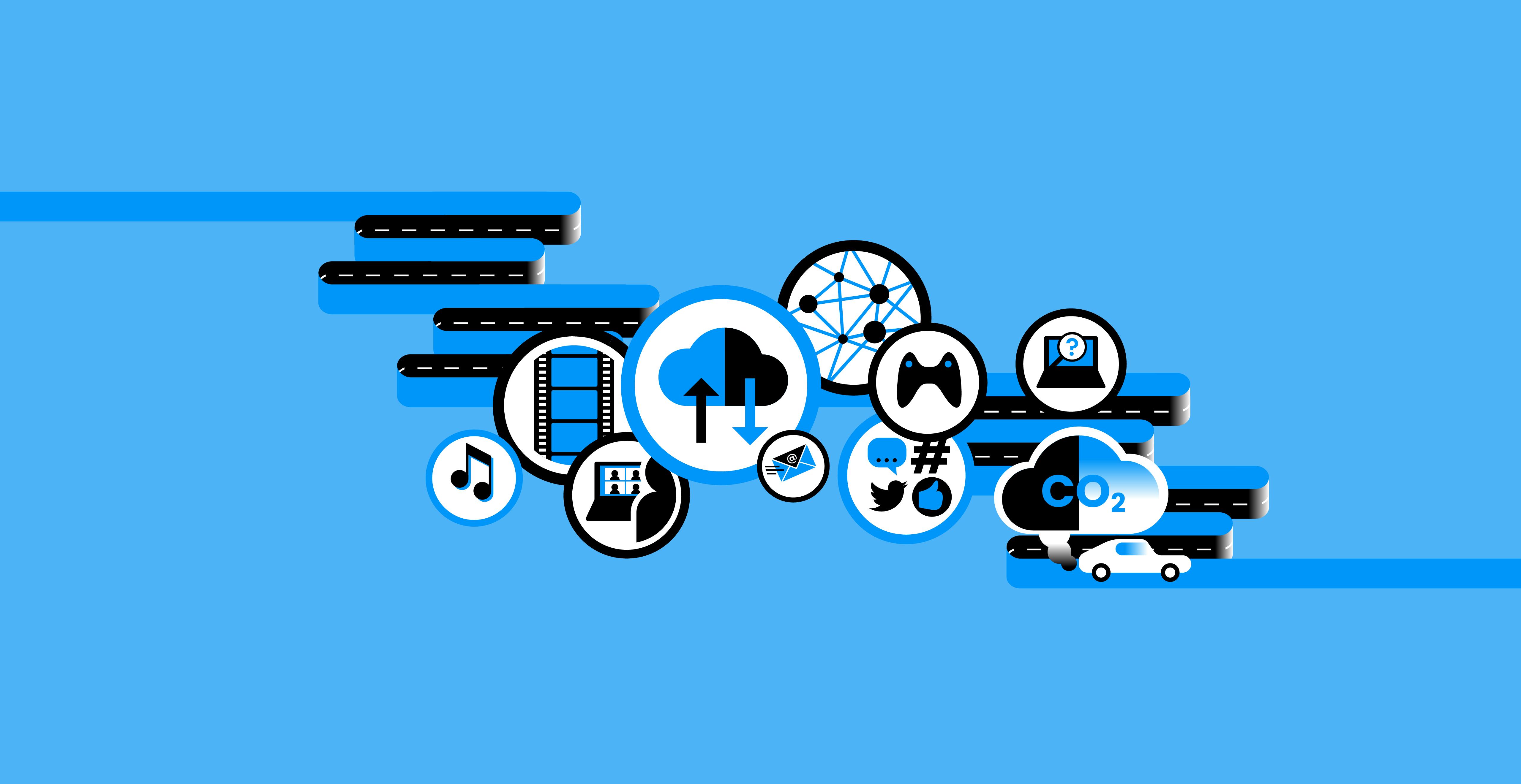 Pictogrammen van activiteiten die ons leven voor een groot deel beheersen, zoals gamen, downloaden, foto's en onderweg zijn.