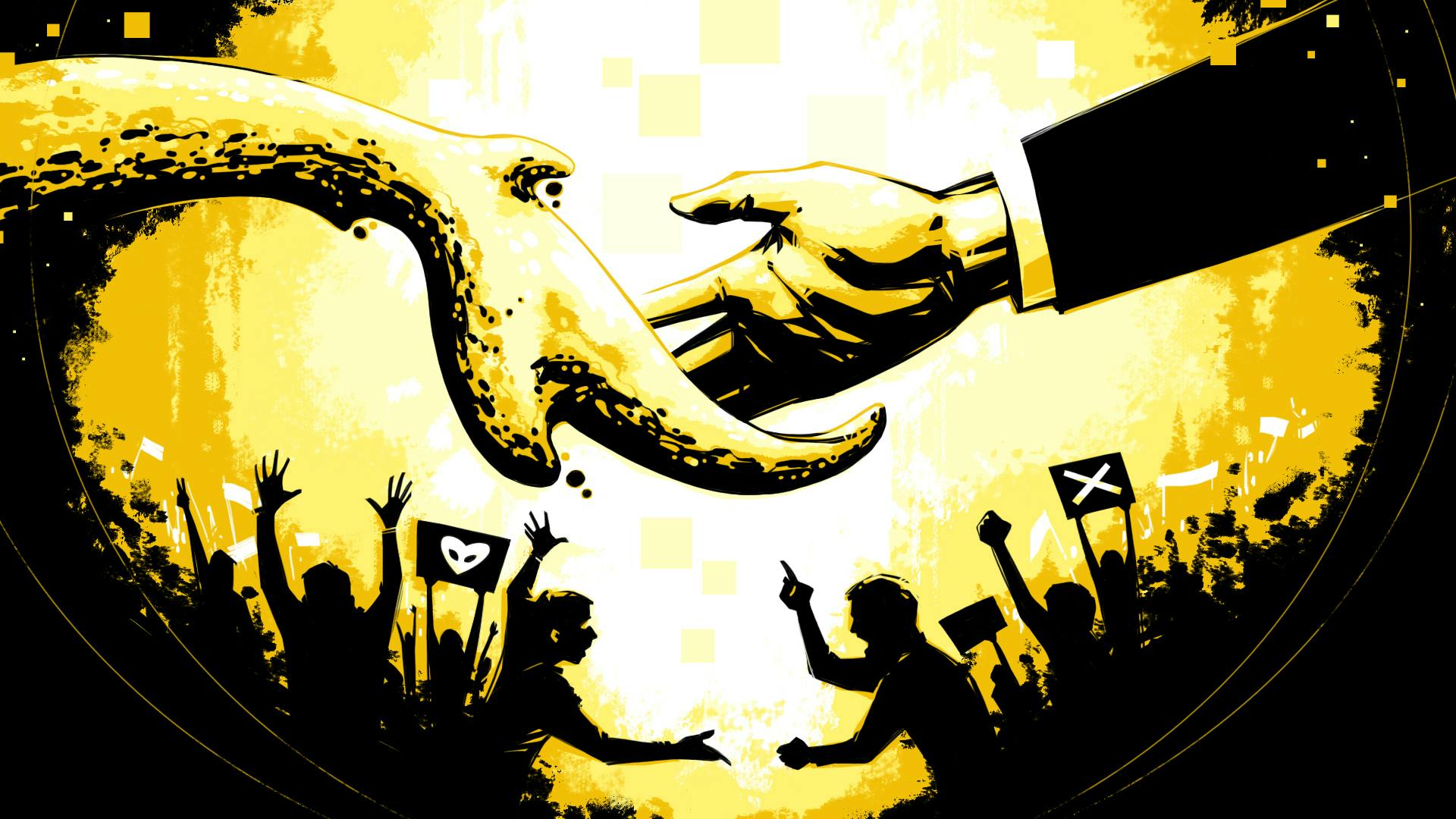 Een illustratie van een groep boze mensen met daarboven een hand van een buitenaards wezen en mensenhand die naar elkaar toe reiken.