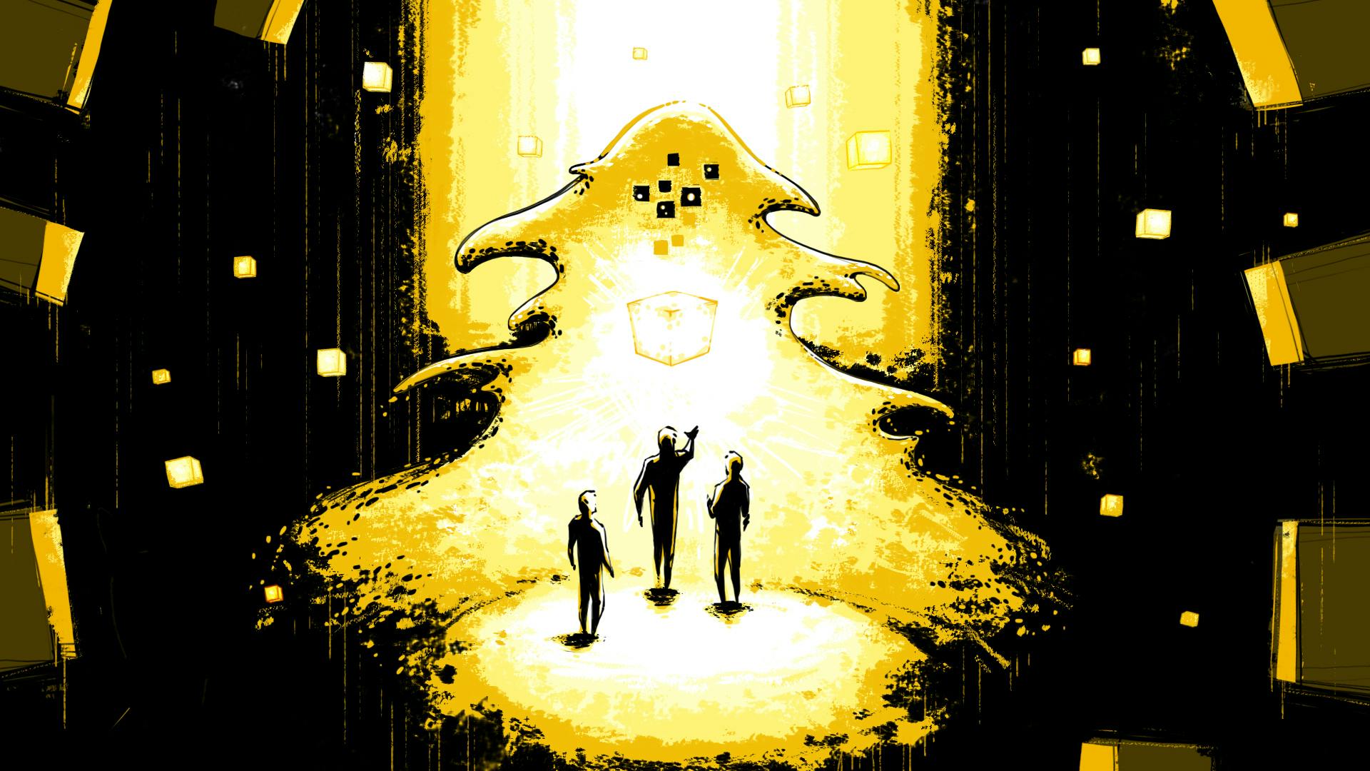 Illustratie van drie mensen die voor een buitenaards wezen staan.