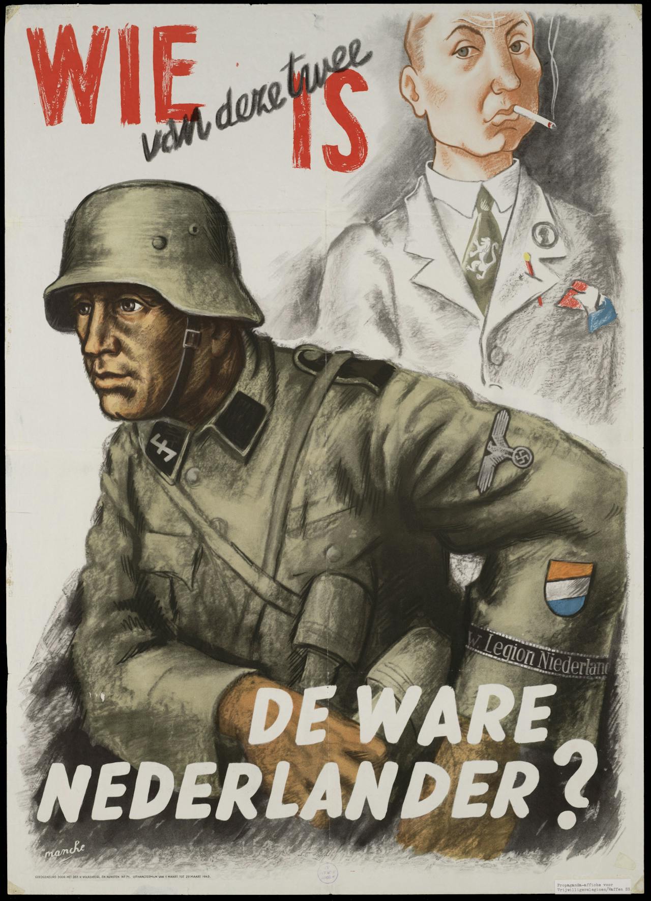 Een getekende poster met de tekst: wie van deze twee is de ware Nederlander? Er is een soldaat en een persoon in een mantel te zien.