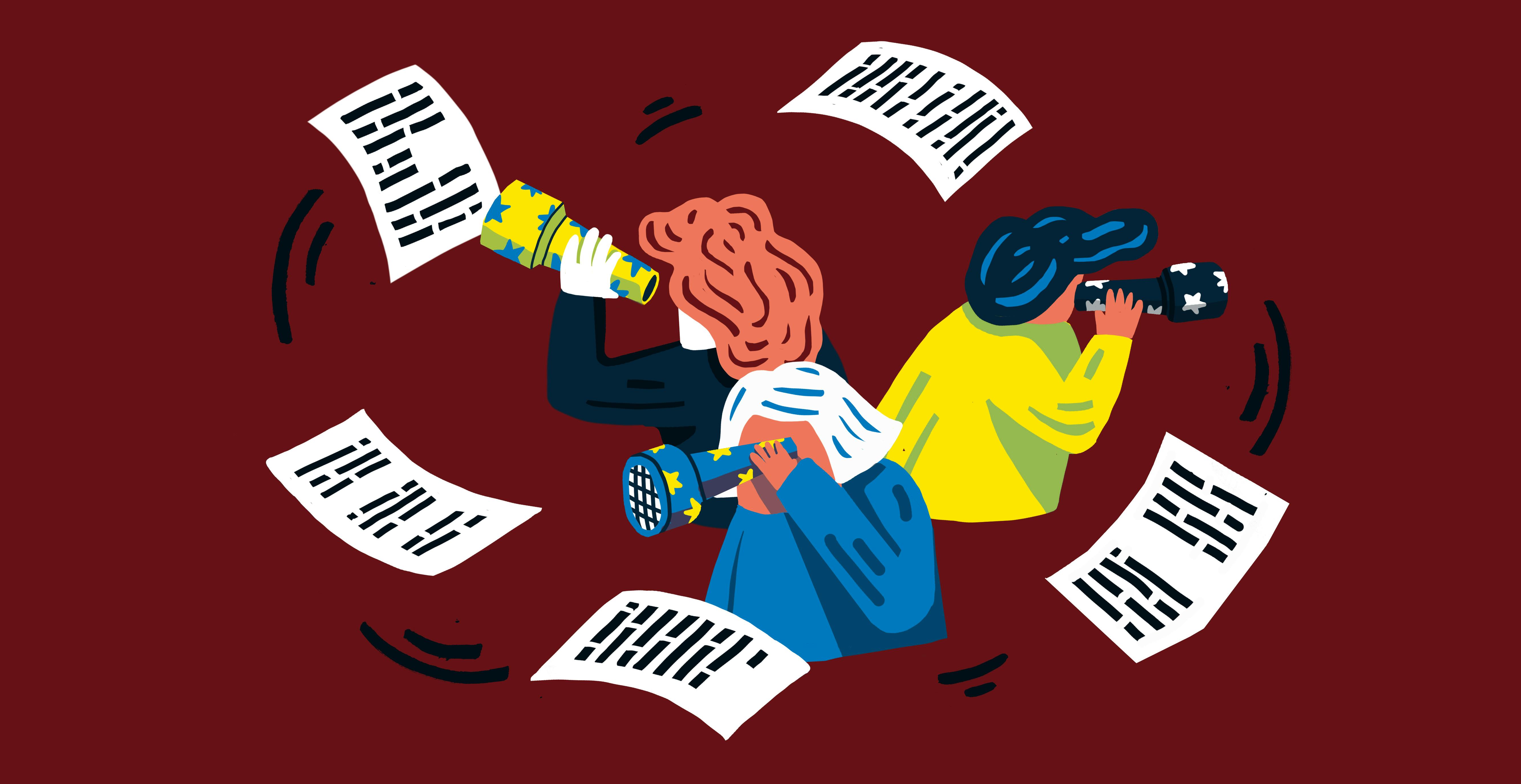 Een illustratie van drie mensen met een verrekijker. Om hun heen cirkelen vijf documenten.