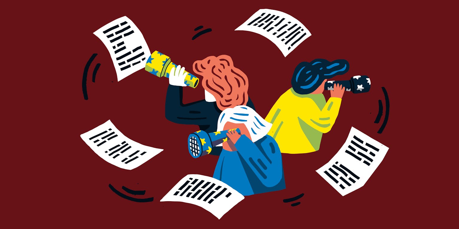 Een illustratie van drie mensen met een verrekijker. Om hun heen cirkelen vijf documenten.