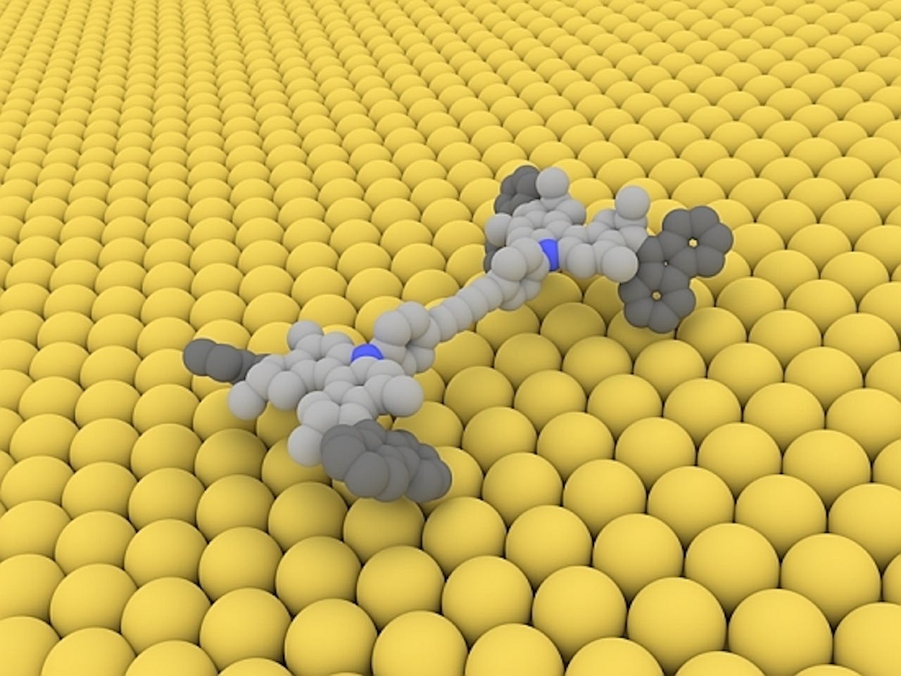 Een 3D-afbeelding van een molecuul omringd door gele ballen.