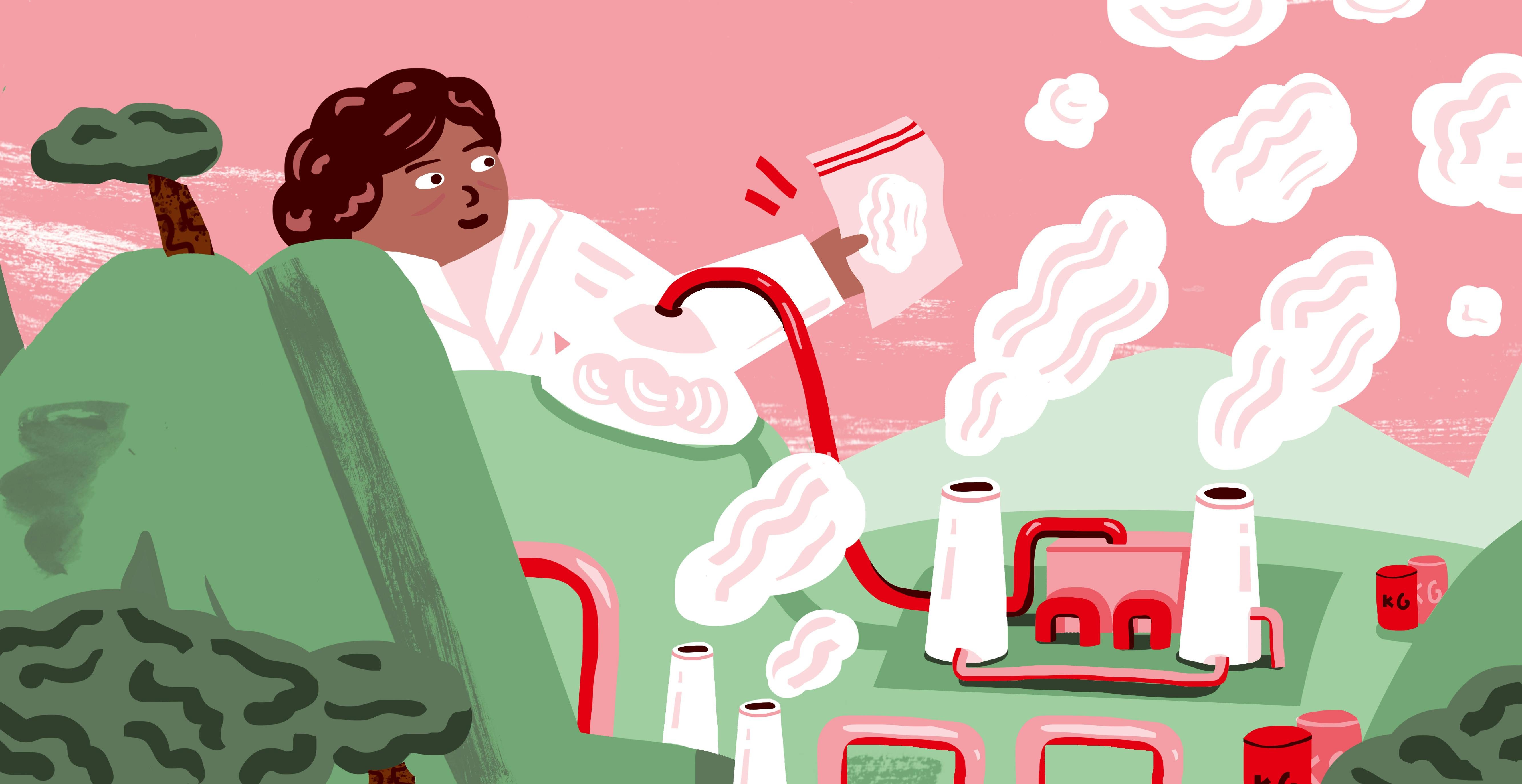 Een illustratie van een vrouw die uitkijkt over een fabriek die allerlei gassen uitstoot.