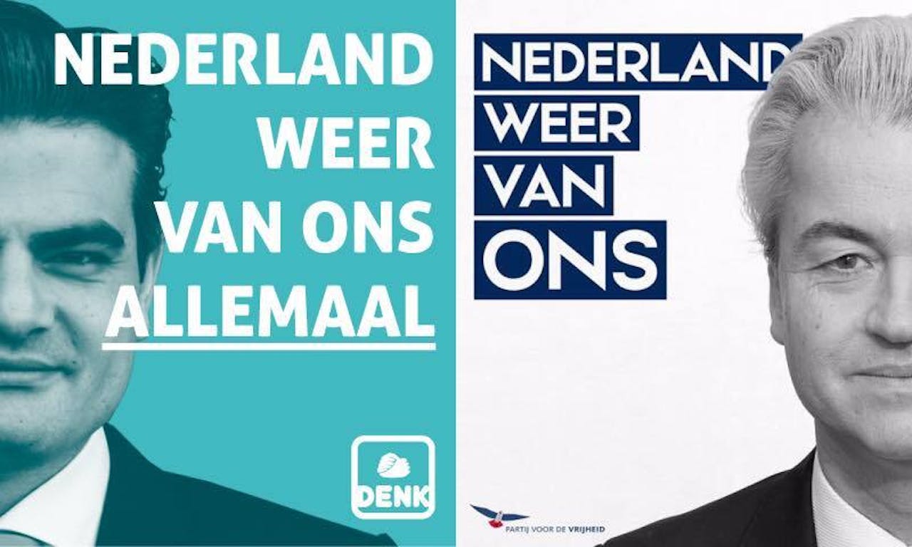 Twee verkiezingsposters naast elkaar: links Kuzu van DENK met de slogan 'Nederland weer van ons allemaal', rechts Wilders van de PVV met de slogan 'Nederland weer van ons'.