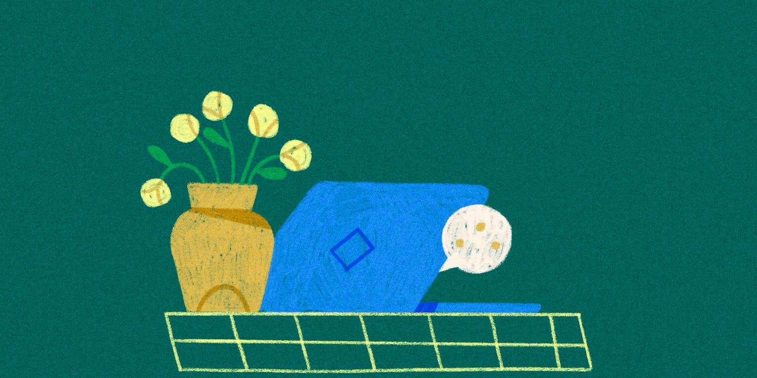 Tekening van een bureau met een vaas en laptop