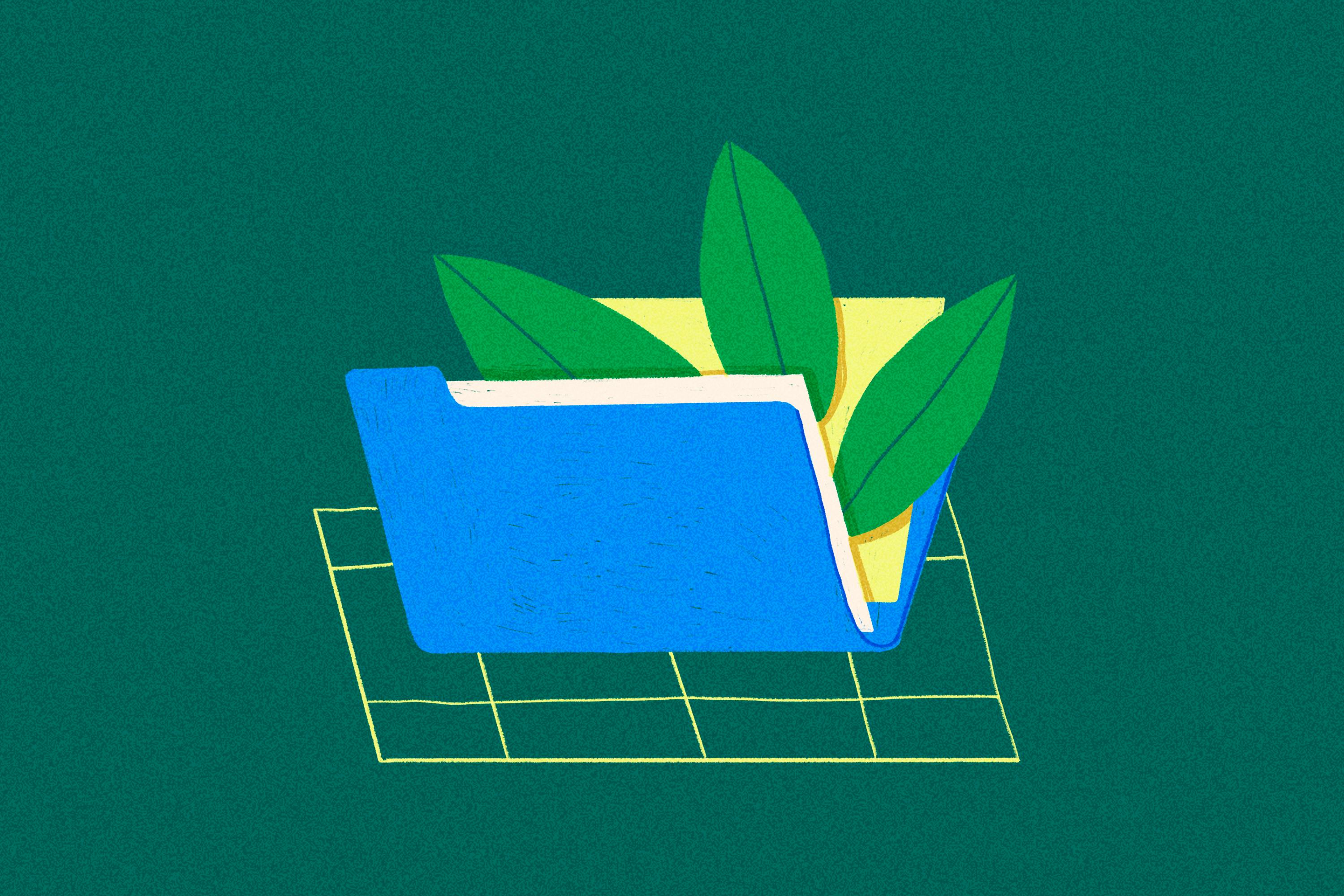 Tekening van een map met daaruit bladeren.