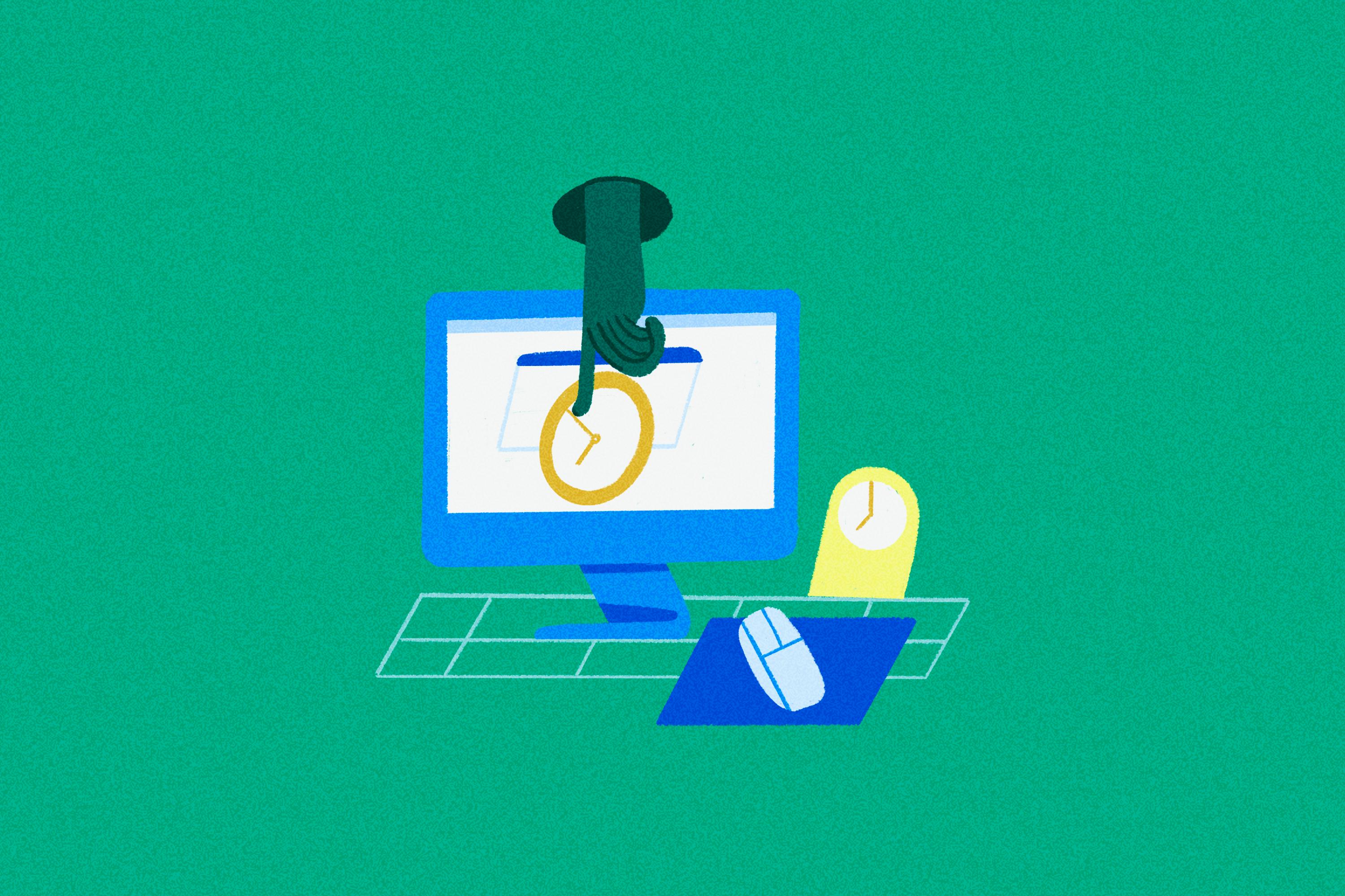 Tekening van een hand die wijst op een beeldscherm naar een klok.