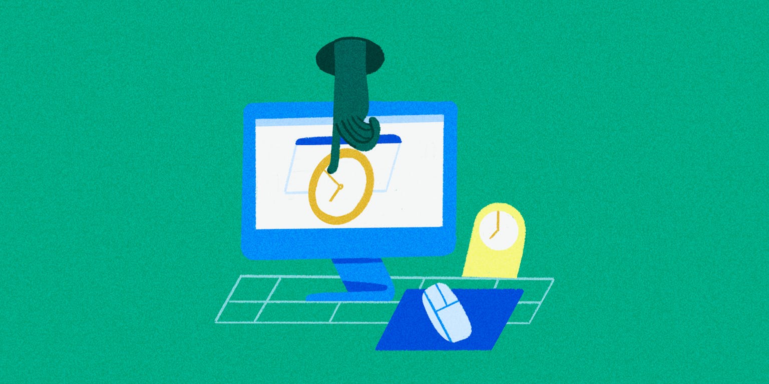 Tekening van een hand die wijst op een beeldscherm naar een klok.