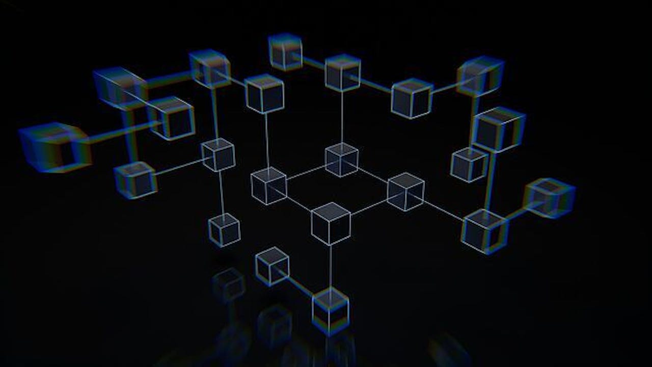 Getekende kubussen op een zwarte achtergrond, die door lijnen met elkaar zijn verbonden en zo een netwerk vormen.