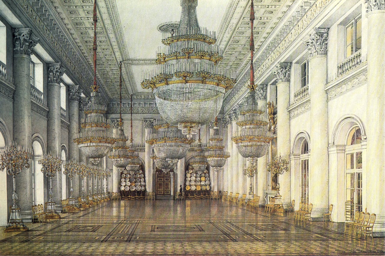 Een illustratie van de Nicolaazaal in winterpaleis Sint Petersburg.