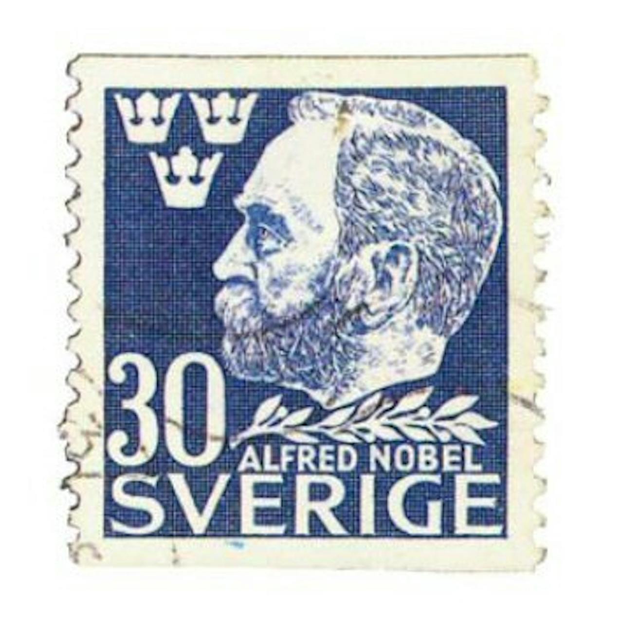 Een postzegel met de afbeelding van Alfred Nobel Zweden.