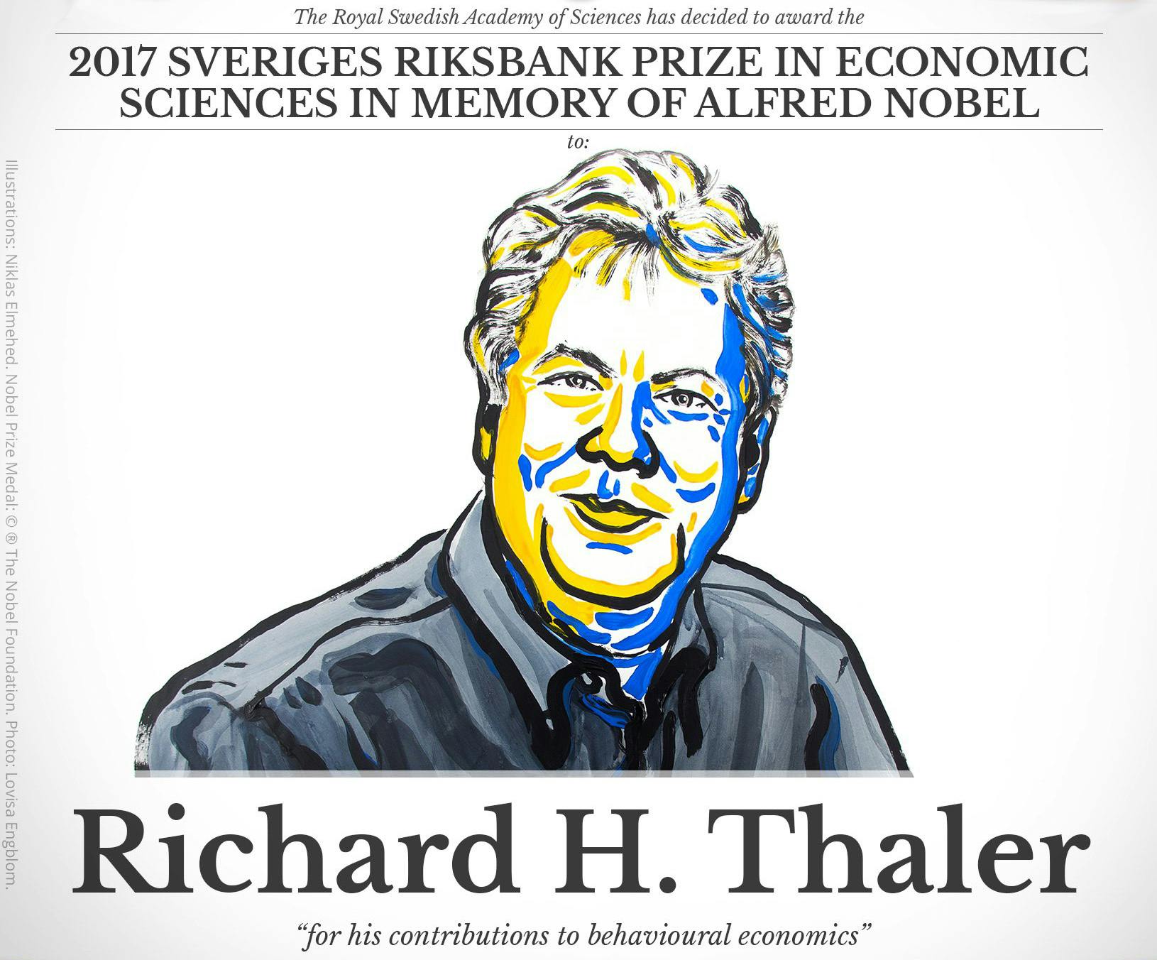 Getekend portret van Richard H. Thaler. Hij won in 2017 de Nobelprijs voor zijn bijdragen aan de gedragseconomie.