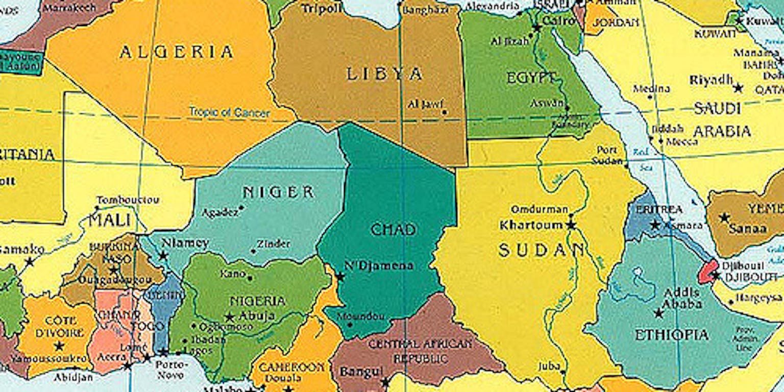 Een kaart van de noordelijke helft van Afrika.