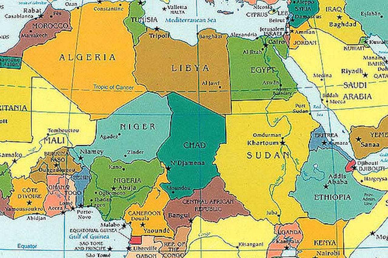 Een kaart van de noordelijke helft van Afrika.