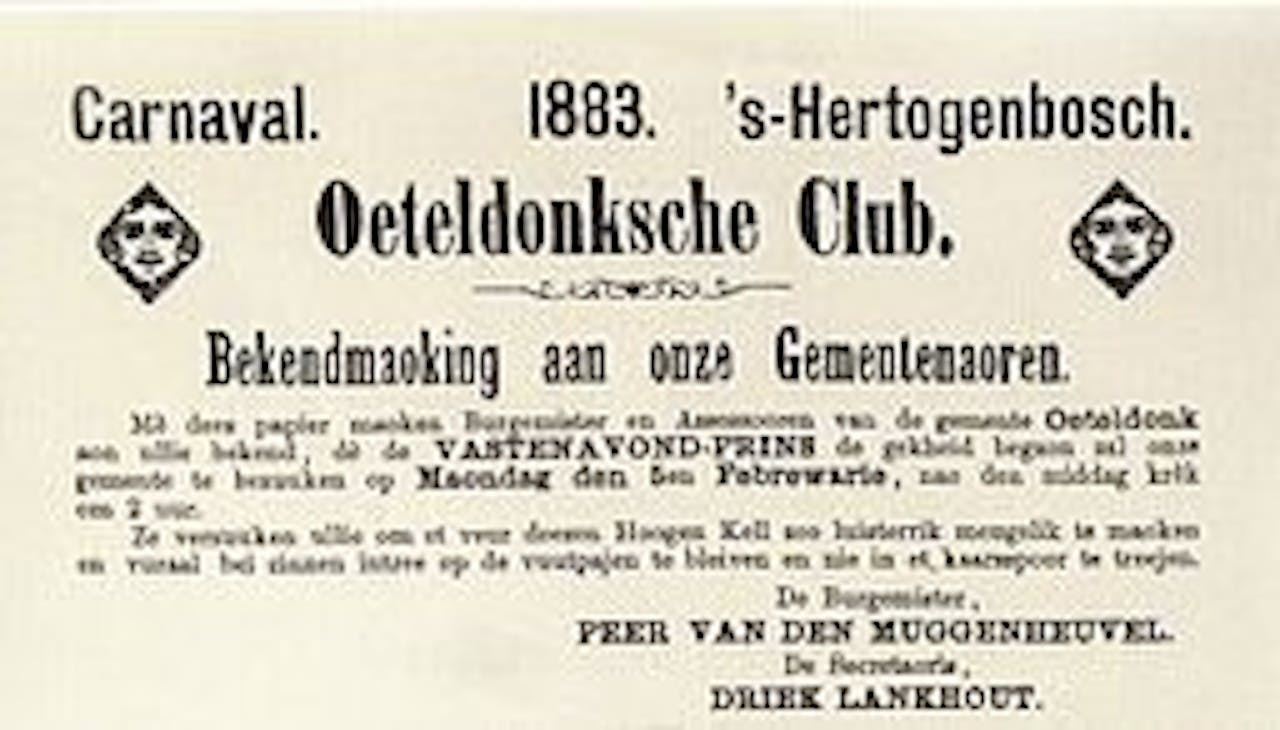 Een oude advertentie uit 1883 voor carnaval in Nederland van de Oeteldonksche Club in 's-Hertogenbosch.