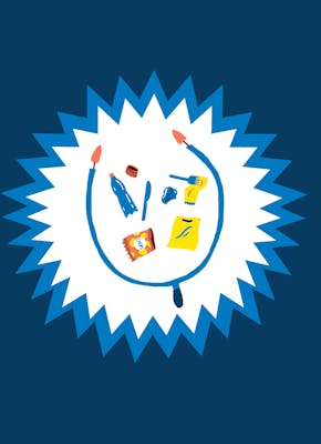 Een stervormig logo met daarin een illustratie van afval dat wordt verzameld door de Ocean-clean-up.