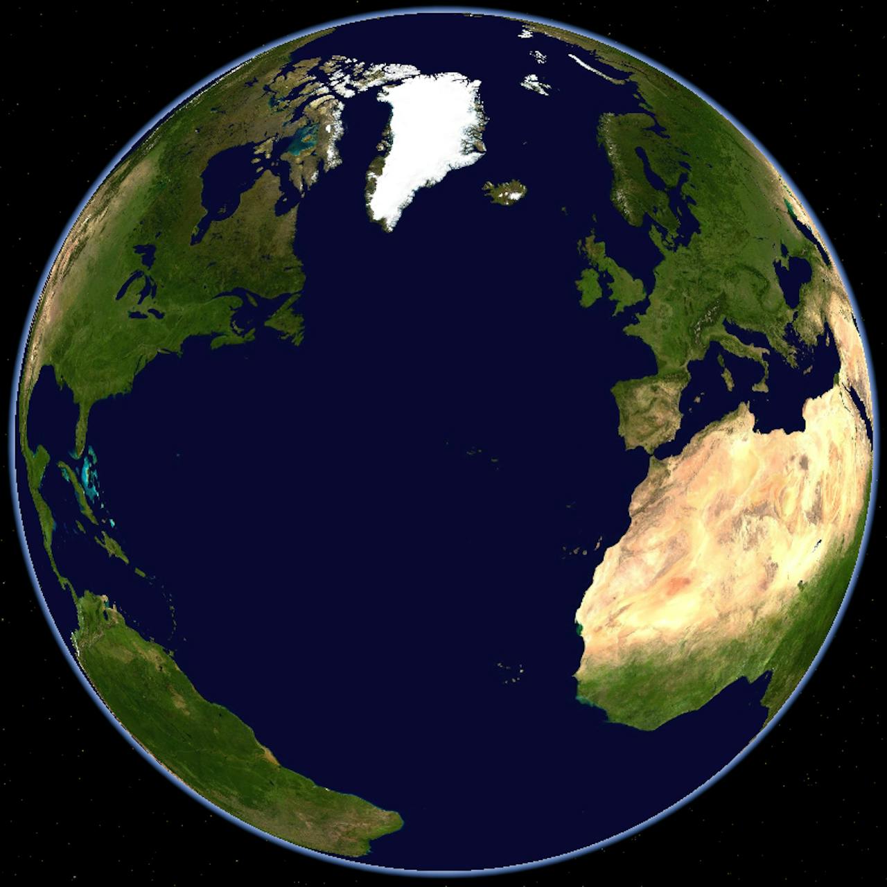 Een satellietbeeld van de aarde met de continenten en oceanen.
