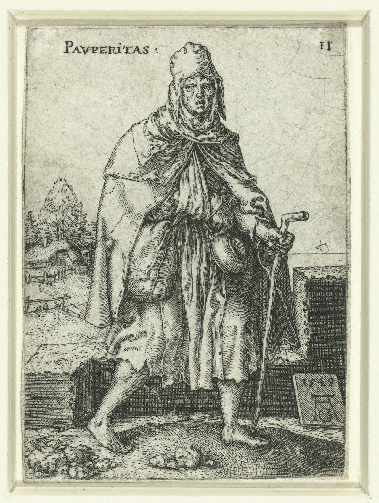 Een oude tekening van een oud persoon met een stok en mantel.