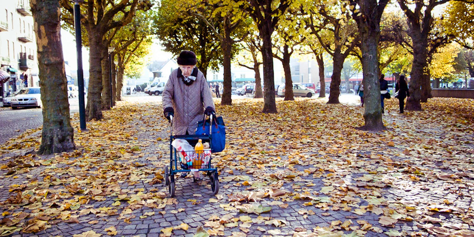 Een oude dame loopt door de straat met haar rollator. Er zijn veel bomen en er liggen bladeren op de grond.