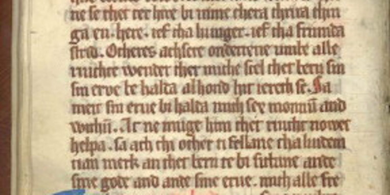 Een open boek met Friese tekst. Sommige delen van de tekst zijn in het rood of blauw weergegeven.