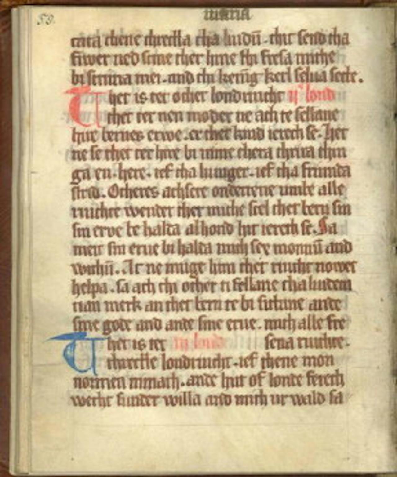Een open boek met Friese tekst. Sommige delen van de tekst zijn in het rood of blauw weergegeven.