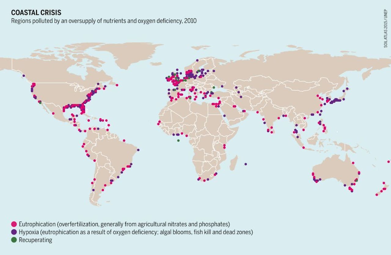 Deze kaart toont waar kusten lijden onder verstikking door te veel stikstof, te veel fosfaat en/of te weinig zuurstof.