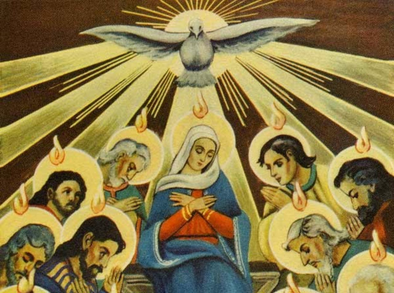 Een schilderij van de geboorte van Jezus met een duif in de lucht.