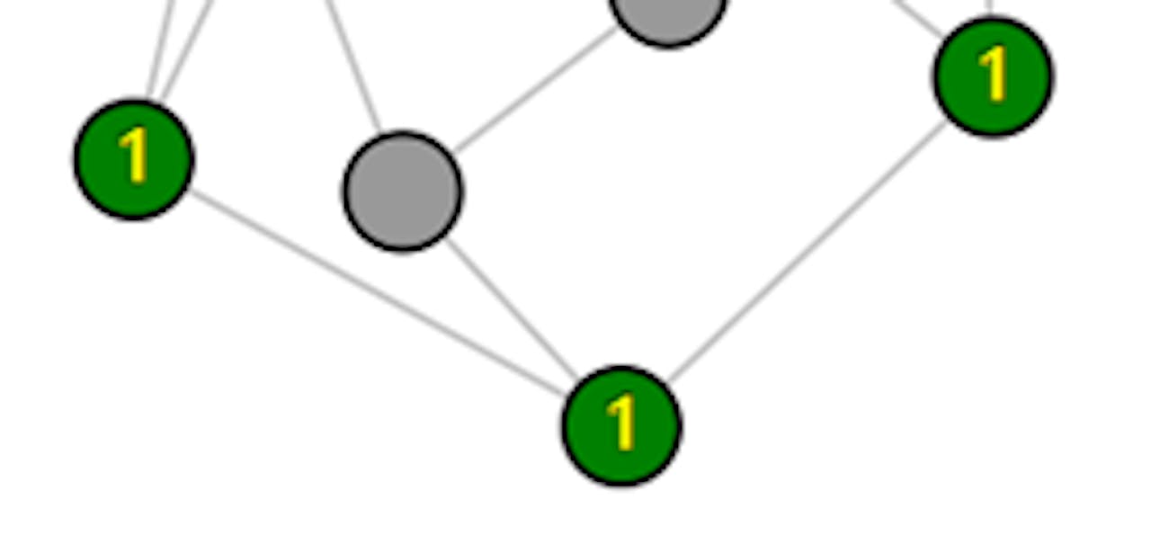 Een netwerk met groene en grijze punten. De groene punten bevatten het getal 1.