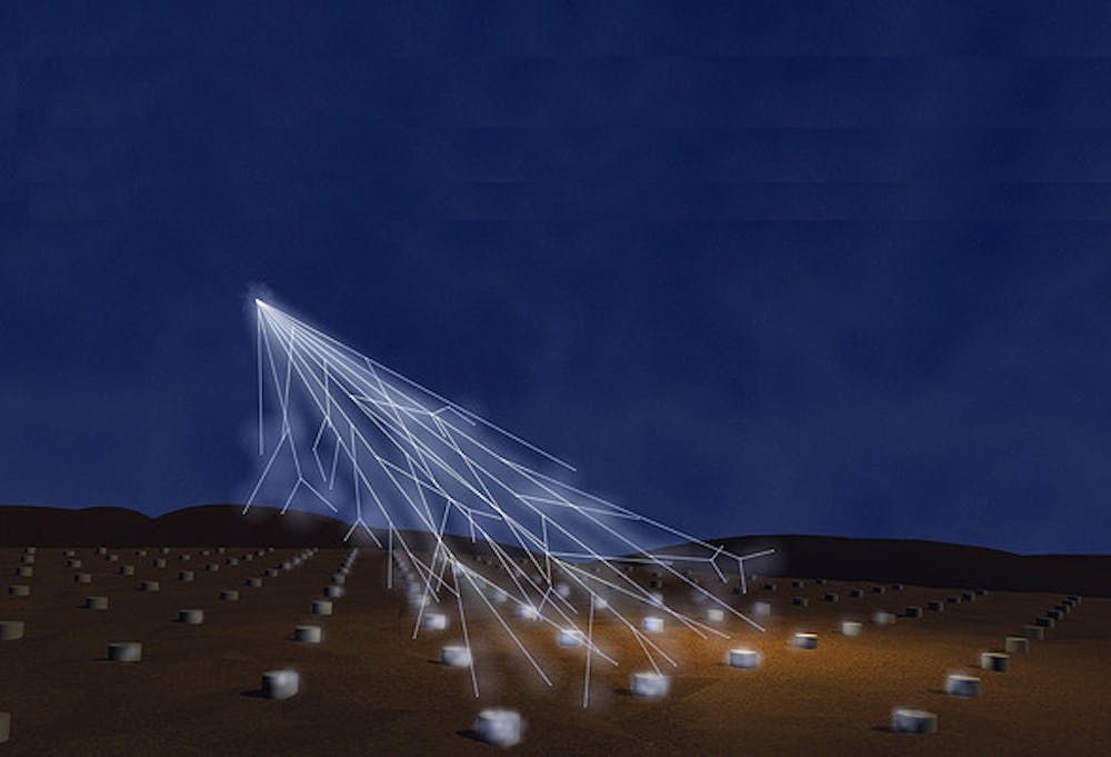 <p>Artistieke impressie van hoe een deeltjeslawine in de atmosfeer kan worden gedetecteerd door de vele detectoren van het immense Pierre Auger-observatorium.</p>